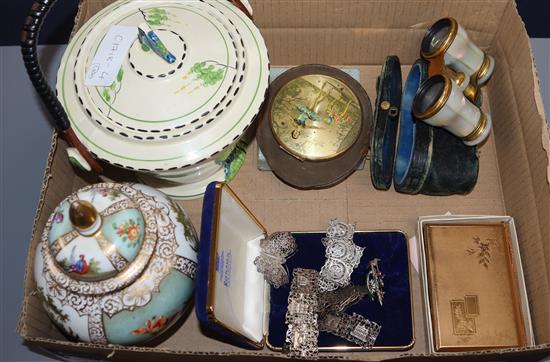 A pair of opera glasses, various and a vase, compacts and an Art Deco biscuit barrel etc